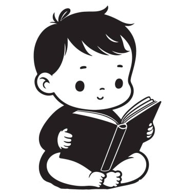 Sevimli Bebek Okuyan Kitap Vektörü Clipart 'ın Silueti
