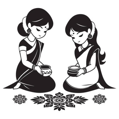 Zarif Siluet Kızları Rangoli Dekorasyon Tasarımı Vektör İllüzyonu Yapıyor