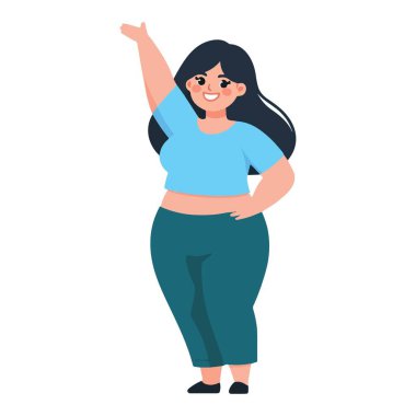 Neşeli ve cüsseli kadın çizgi film çizimi. Kendine güvenerek el kaldırıyor.