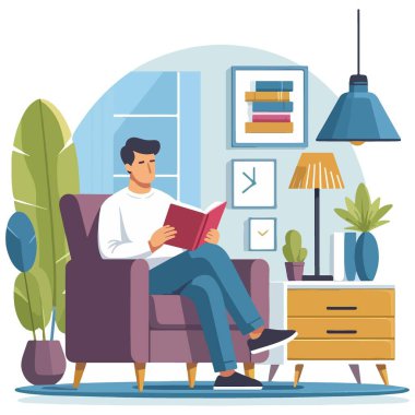 Adam evde rahatça kitap okuyor.