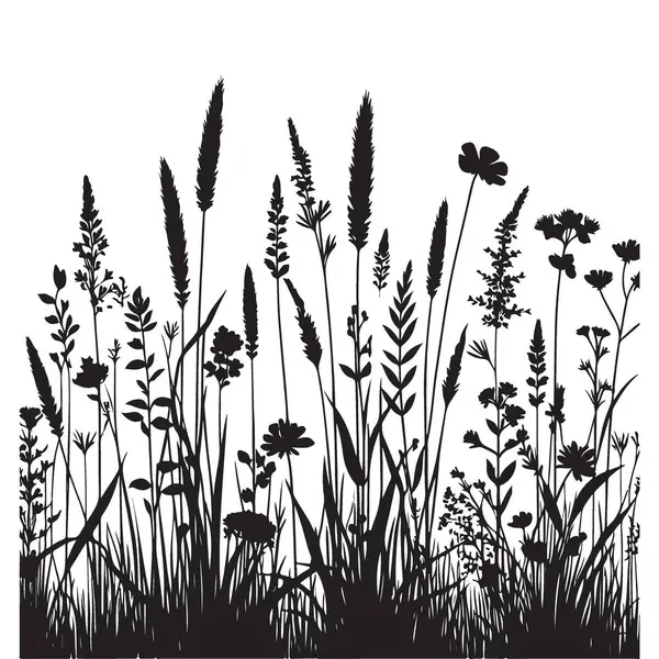 Büyüleyici siluet kır çiçekleri ve doğa severler için çim illüstrasyonu