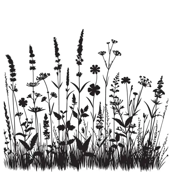 Bitkisel bir illüstrasyon sanatında karmaşık siluet kır çiçekleri ve otlar
