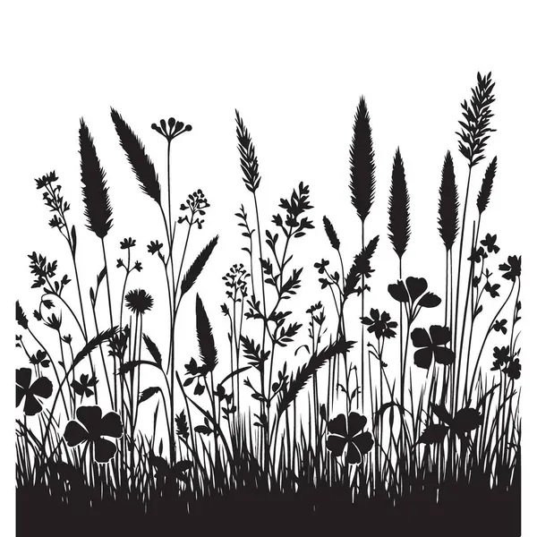Minimalist siluet çayır bitkileri ve kır çiçekleri vektör örnekleme şablonu