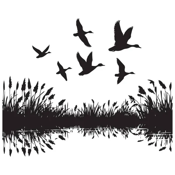 Ördeklerin Silueti Yansıma Tasarımı ile Bataklıkta Uçuyor