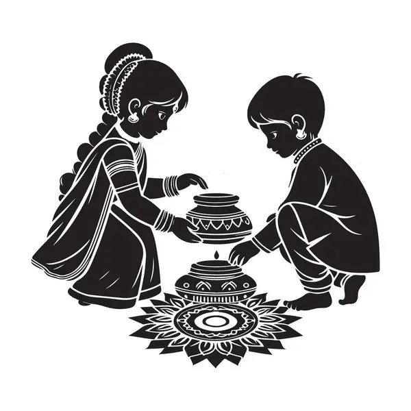 Bir Hint Festivali İllüstrasyonunda Siluet Çocuklar Ritüellere Başlıyor