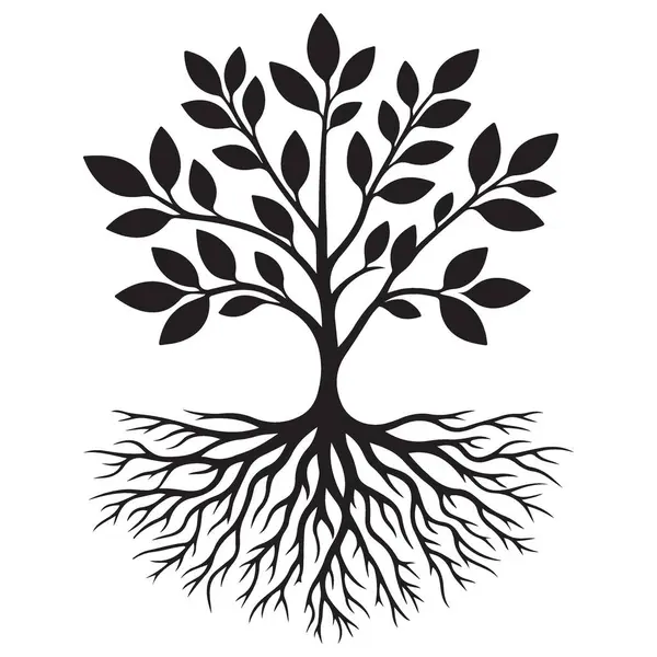 Kökler ve Yapraklarla Ayrıntılı Ağaç Silüeti Vektör İllüstrasyonu