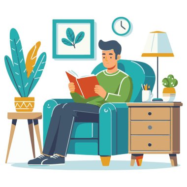Rahat Oturma Odasında Kitap Okuyan Adam Çizimi