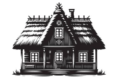 Siluet Eski Çatılı Kulübe Çizim Köyü Mimarisi