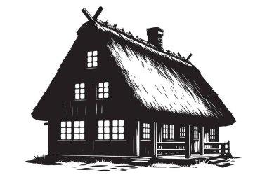 Sazlı bir çatı evinin silüeti. Tarihi bir tasarım.