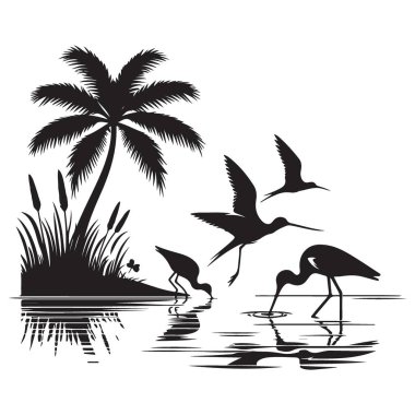 Shorebird 'lerin silueti ve Su Resimlerinin yanındaki palmiye ağacı.