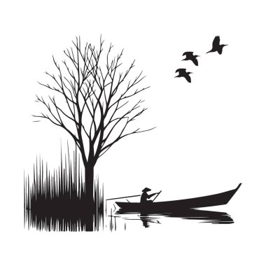 Kürekçi ve Ağaç Resimli Tekne Sanatının Silueti