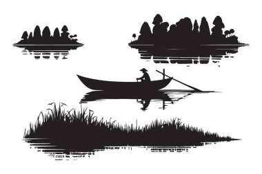 Huzurlu göl manzarası bir tekne, adaların silueti yansıması