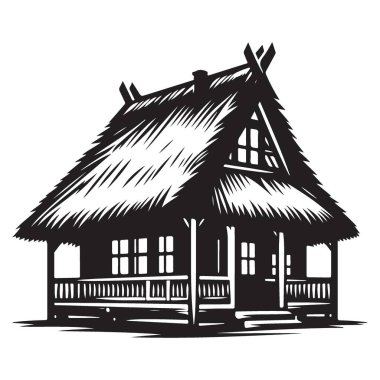Kültürel Tasarımlar İçin Geleneksel Thatched Cottage Siluet Vektör İllüstrasyonu
