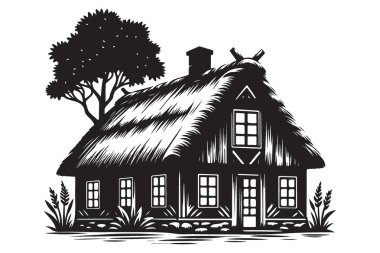 Thatched çatı tasarımlı geleneksel Çiftlik Evi Silueti Vektör İllüstrasyonu