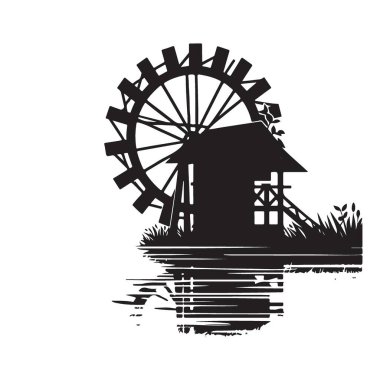 Siluet Su Değirmeni Çizim Tekerleği Kırsal Manzara Tasarımı