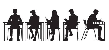 Siluet Öğrencileri Sınava Gidiyor Masa başı Vektör Resimlerinde Oturuyorlar