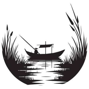 Serene Gölü Tasarımları için Tekne Silueti Vektöründeki Balıkçı