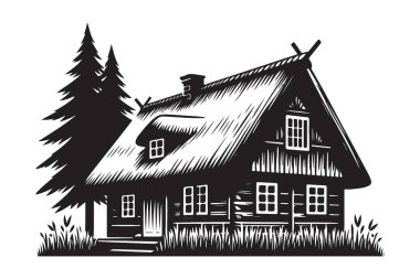 Rustic Log Cabin Retreat Illustration with Thatch Roof and Pines