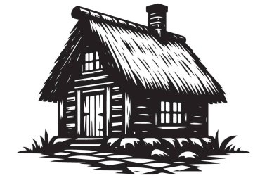 Charming Thatched Cottage Siluet Çizimi Kırsal Ev Tasarımı