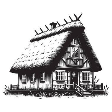 Masal kitabı ya da masal sanatı için ayrıntılı sazdan kulübe çizimi