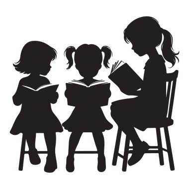 Okuyucu kızların eğitim ve okur yazarlık için çizimleri silueti