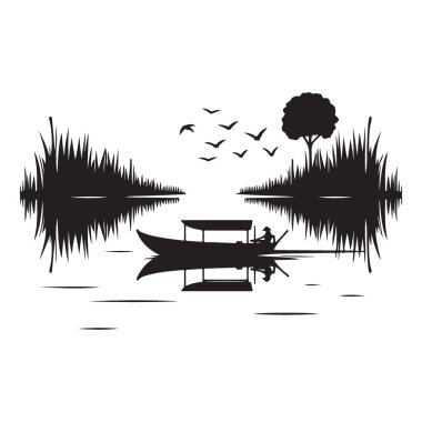 Yansıma Yansıması Nehir Sahnesi Kuşlar ve Ağaçlar Vektör Sanatı