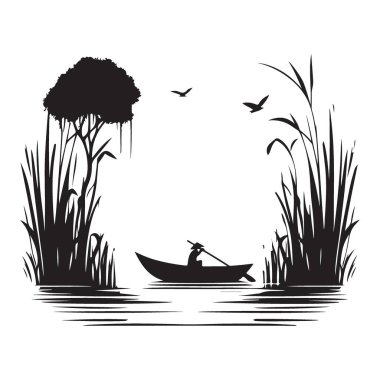 Serene Nehri Sahne Silueti Tekne, Ağaçlar ve Kuşlar Vektör Sanatı