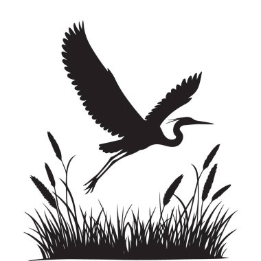 Heron Silueti Uçuyor Grassy Bataklık Vektör Sanatı
