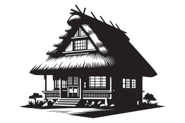 Geleneksel Thatched Çatı Evi İllüstrasyonu Japon Biçim Mimari Vektörü