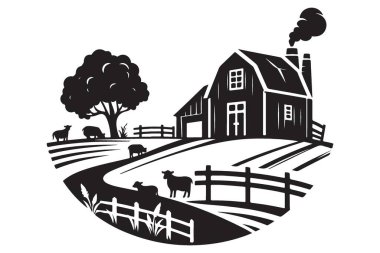 Büyüleyici Çiftlik Silueti Vektör Resimleri Hayvanlarla Kırsal Arazi