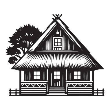 Charming Village House Siluet Vektör Tasarımı Thatched Roof