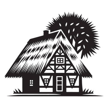 Ağaç Silueti Tasarımlı Tuhaf Çatı Kır Evi Çizimi