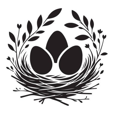 Hassas Kuş Yuvası Yumurtalar ve Yapraklar Silueti Çizimi