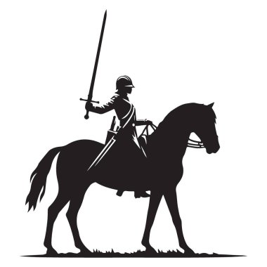 Ortaçağ şövalyesinin silueti at vektör çizimlerine biniyor.
