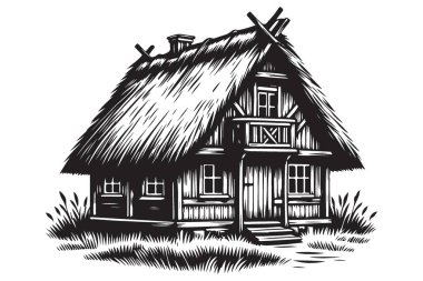 Büyüleyici Thatched Ev Vektörü Silueti Rustik Ahşap Tasarımı
