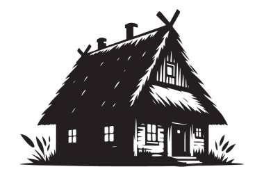 Rustic Thatched Çatı Kır Evi Siluet Vektör İllüstrasyon ve Tasarım