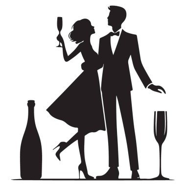 Siluet Vektör Sanatını Şampanyayla Kutlayan Zarif Çift