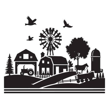 Çiftlik Silueti Sahnesi A Kırsal Ambar ve Değirmen Çizim Vektörü