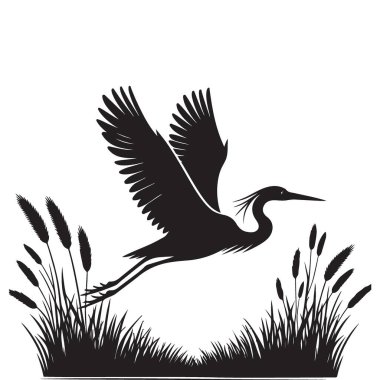 Uçan balıkçıl silueti Reed Vektörü A Doğa Sahnesi İllüstrasyonu