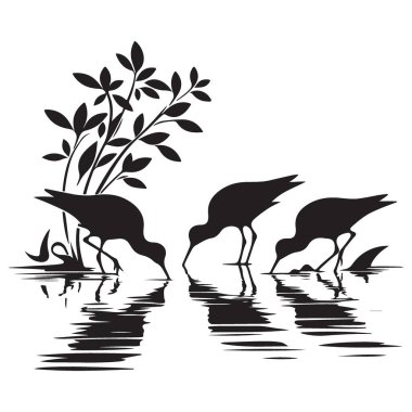 Su vektörü sanat tasarımı ile beslenen siluet sahil kuşları
