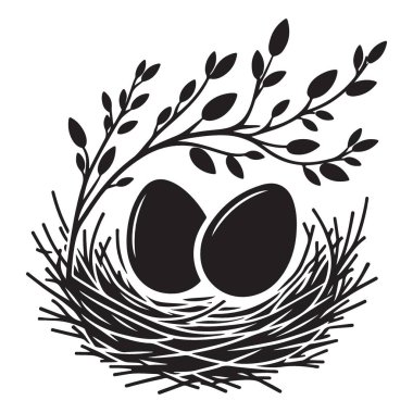 Siluet Kuş Yuvası Vektör İllüstrasyonu Yumurta ve Dal Tasarımı