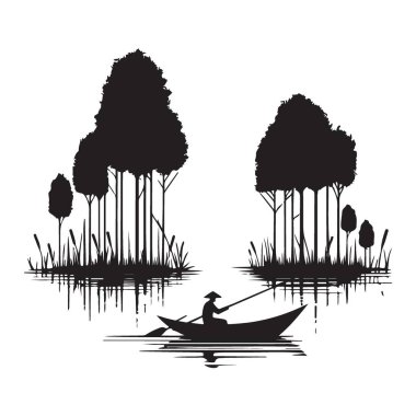 Siluet Vektörü Asyalı Tekne Ağacın Ortasında