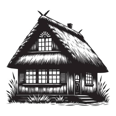 Charming Thatched Cottage Yazdırma için Siyah ve Beyaz Vektör İllüstrasyonu