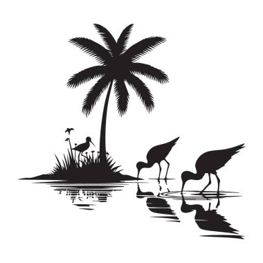 Huzurlu Siluet Kuşları Palmiye Ağacı Suyu Yansıtma Sanatı