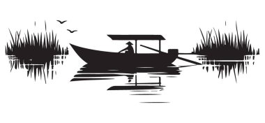 Nehir Resimlerindeki Siluet Teknesi Huzurlu Su Sahne Tasarımı