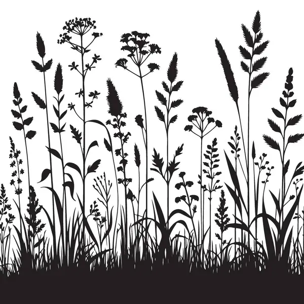 Siluet Çimeni ve Yaban Çiçeği Doğa Tasarımı için Çizim Vektörü