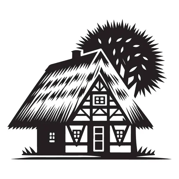 Ağaç Silueti Tasarımlı Tuhaf Çatı Kır Evi Çizimi