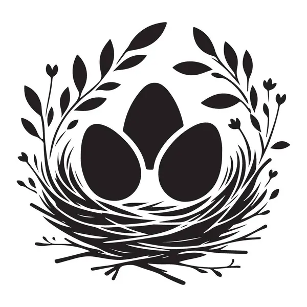 Hassas Kuş Yuvası Yumurtalar ve Yapraklar Silueti Çizimi