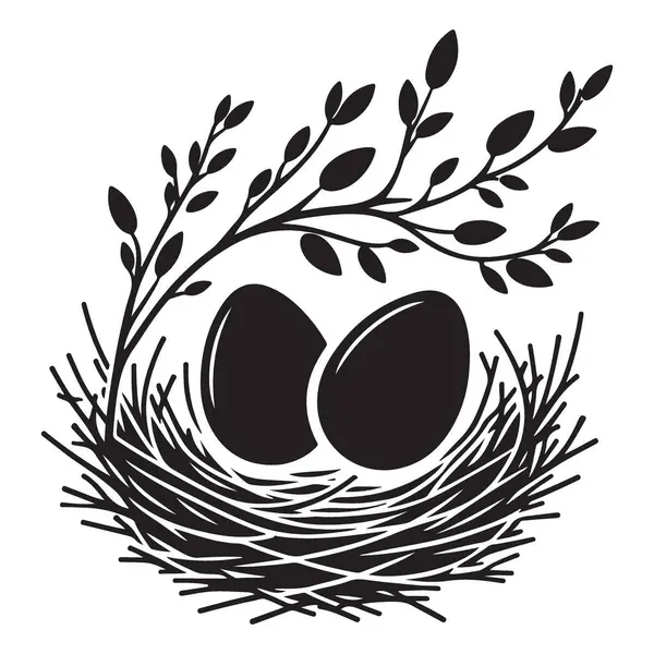 Siluet Kuş Yuvası Vektör İllüstrasyonu Yumurta ve Dal Tasarımı