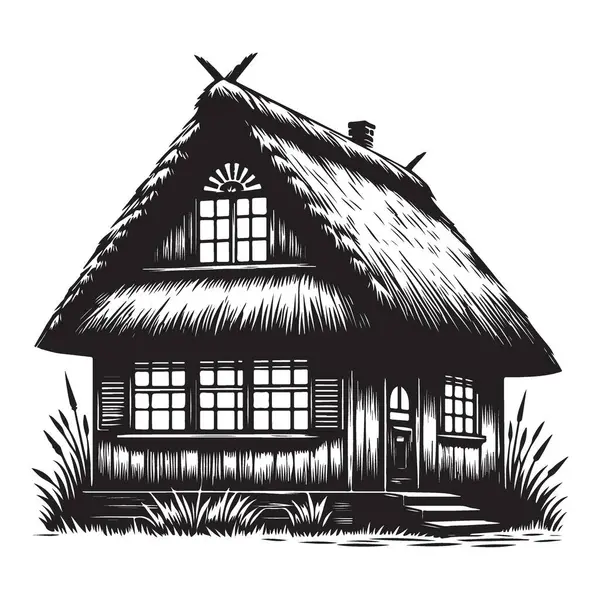 Charming Thatched Cottage Yazdırma için Siyah ve Beyaz Vektör İllüstrasyonu